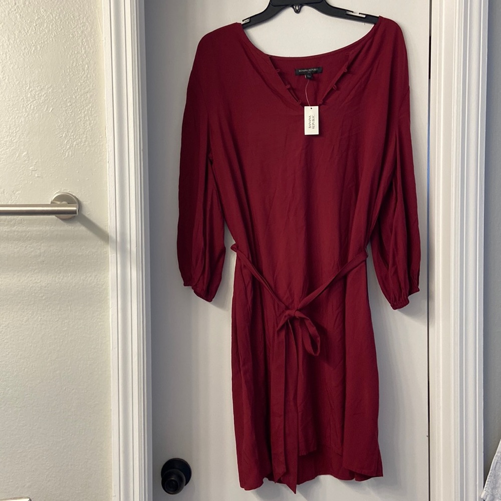 Banana Republic Burgundy Long Sleeve Tie-Waist Dress